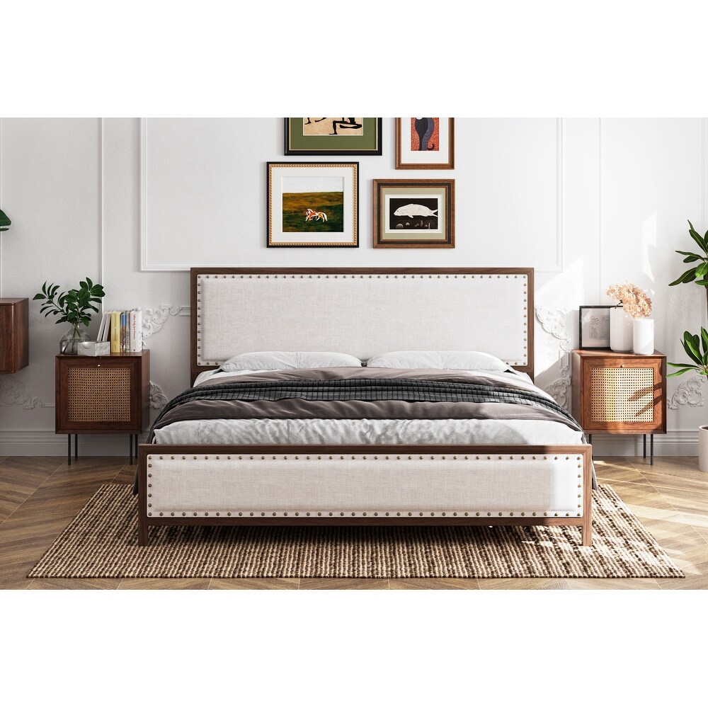 Upholstered Platform Bed with Linen Headboard and Footboard