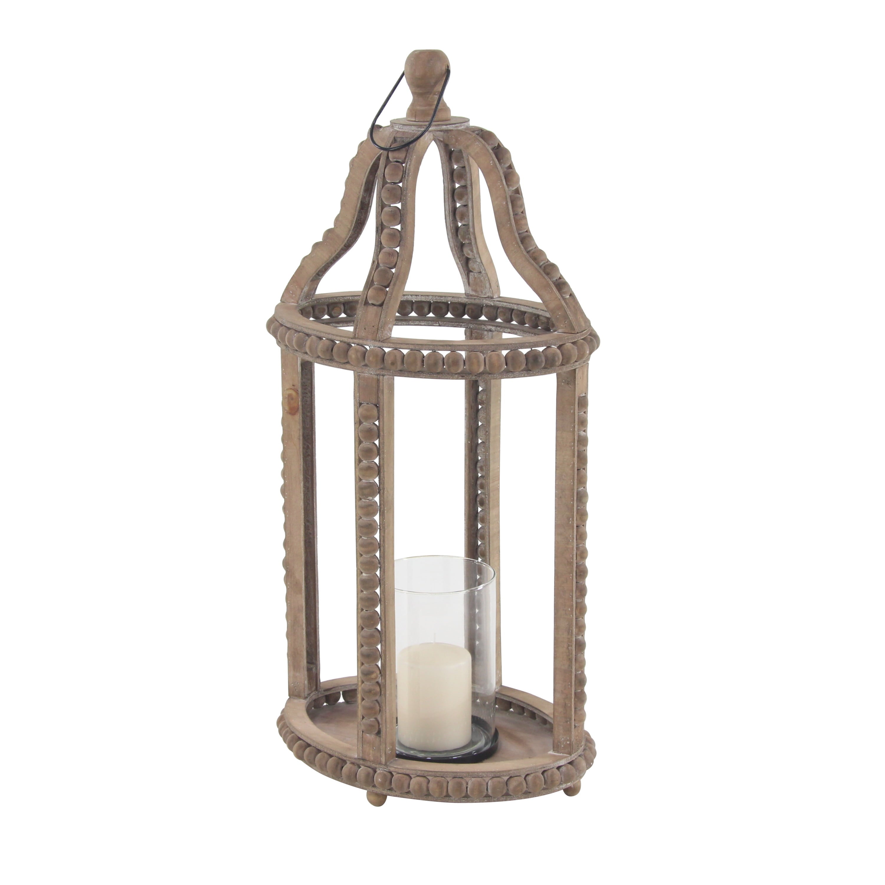 DecMode Brown Reclaimed Wood Beaded Pillar Candle Lantern