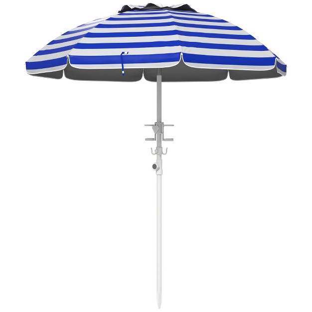 Outsunny 5 7 x27 Beach Umbrella With Cup Holders Hooks Vented Canopy Portable Outdoor Umbrella Blue Stripe