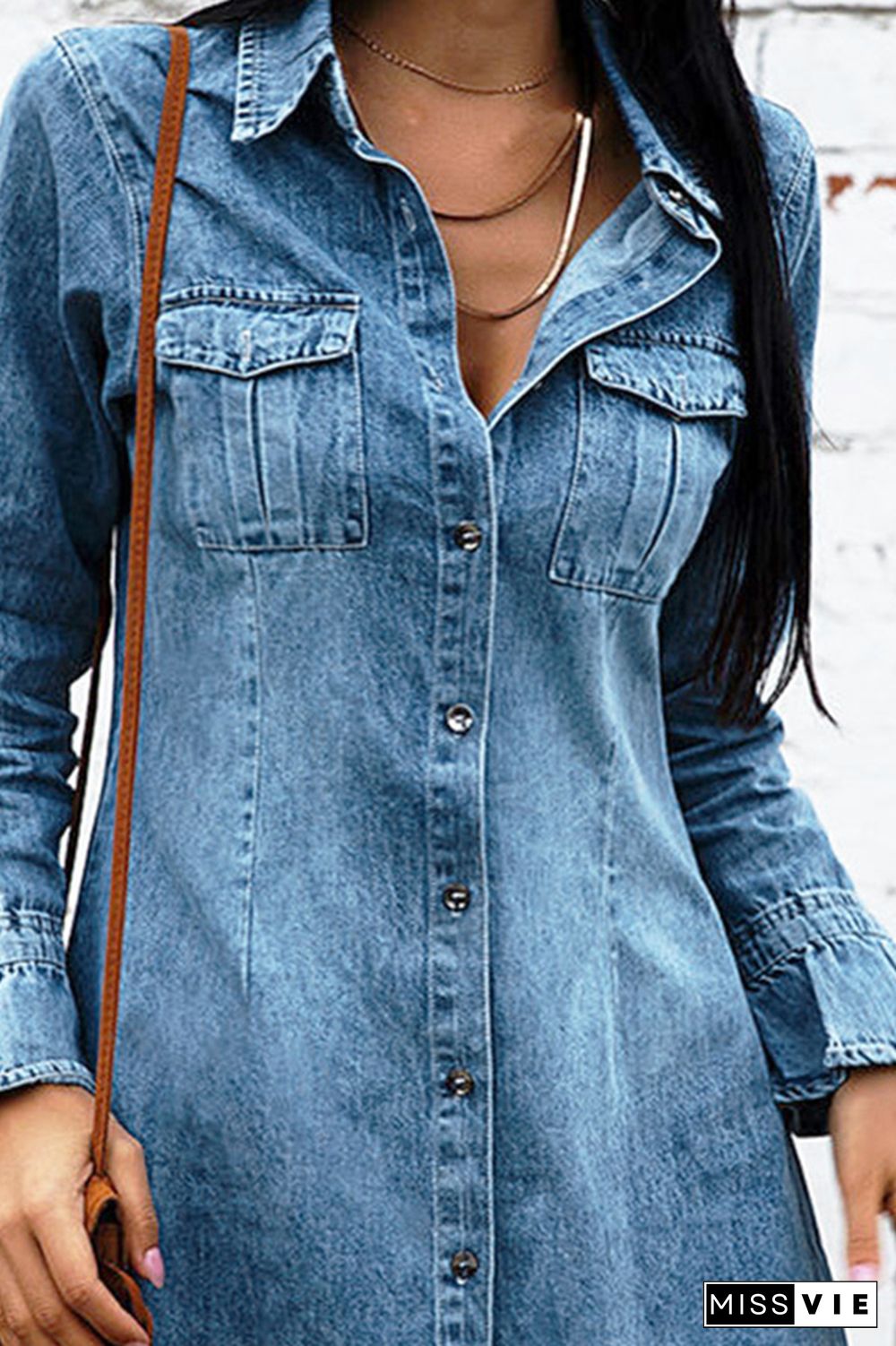 Washed Button Up Denim Mini Dress with Pockets