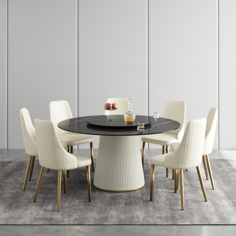 59'' Modern Round Dining Table for 8  Black Sintered Stone Tabletop with Lazy Susan