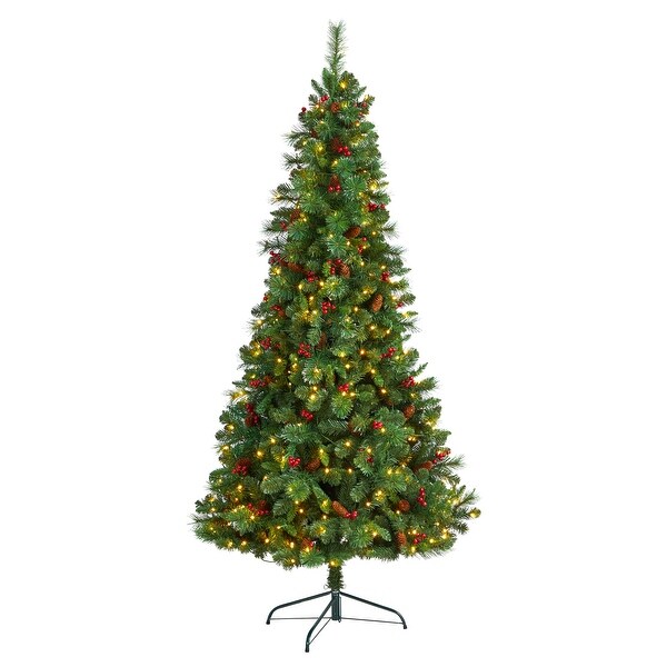 7' Flat Back Montreal Mountain Pine Artificial Christmas Tree with Pinecones，Berries and 210 Warm White LED Lights