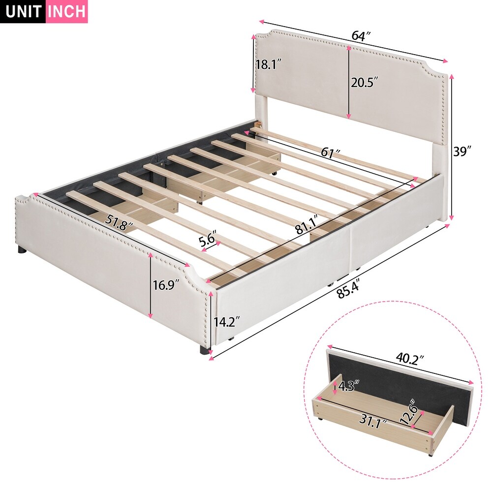 Velvet Queen Bed with 4 Drawers  Deluxe Upholstered Platform Bed w/Stud Trim Headboard   Footboard  No Box Spring Needed  Beige