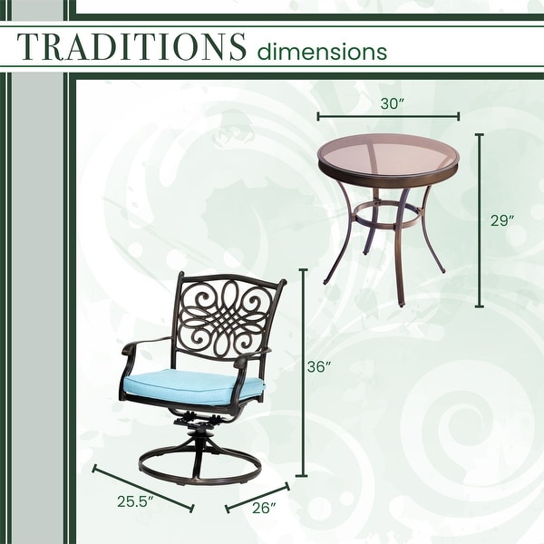 Hanover Traditions 3Piece Swivel Bistro Set in Blue with 30 in. Glasstop Table