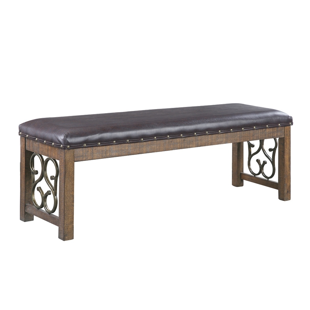 Global Pronex Raphaela Bench in Black PU   Weathered Cherry Finish for Living Room and Dining Room