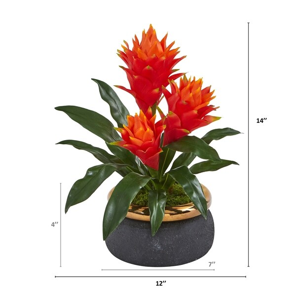 14 Triple Bromeliad Artificial Plant in Stoneware Planter