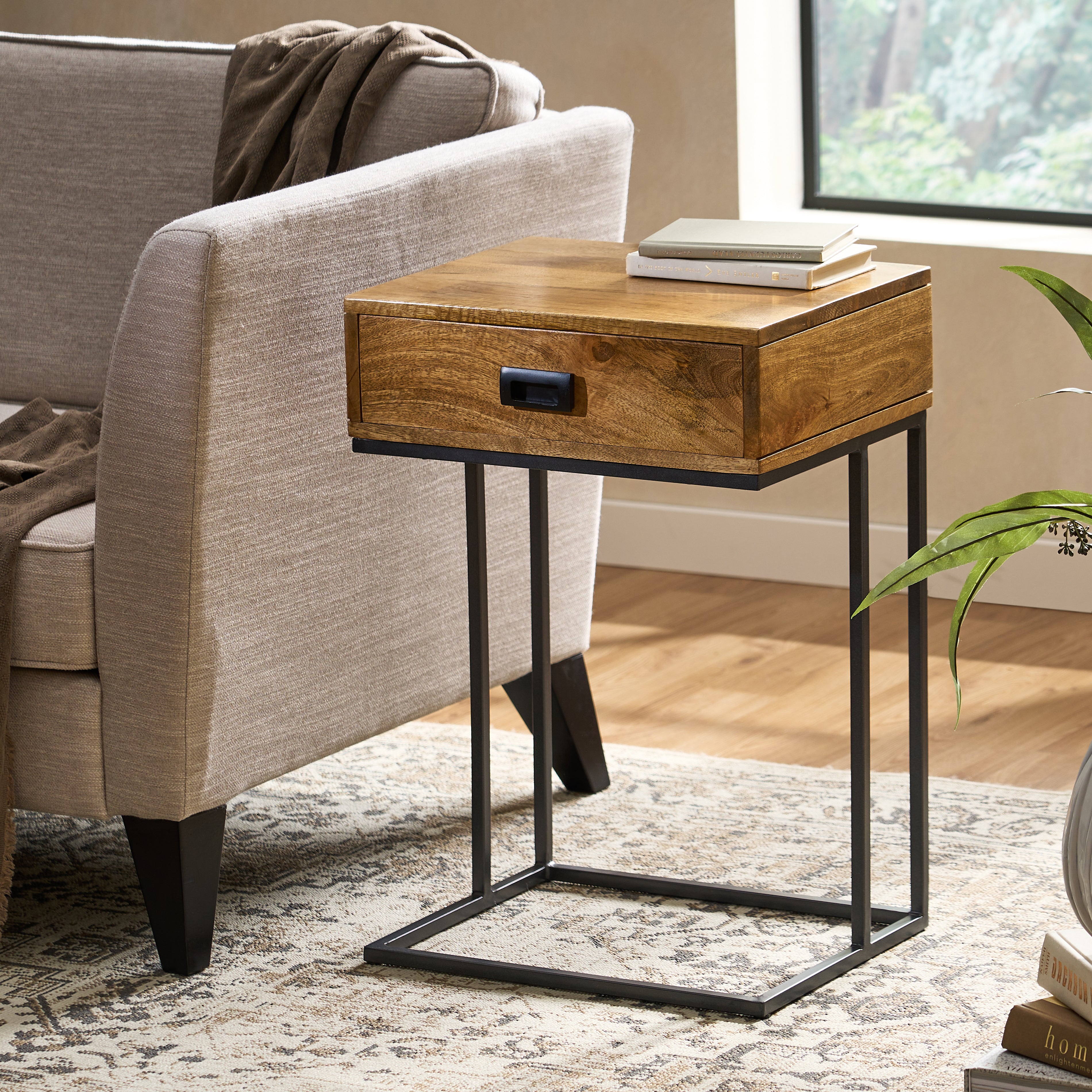 Aranda Modern Industrial Handmade Mango Wood C-Shaped Side Table with Drawer, Natural and Gray