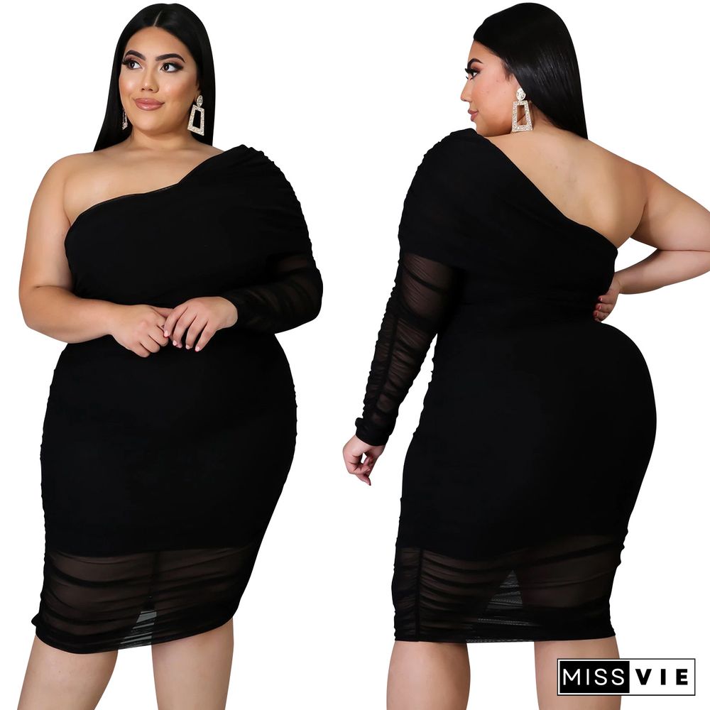 Plus Size Mesh Solid Single Sleeve Bodycon Dress