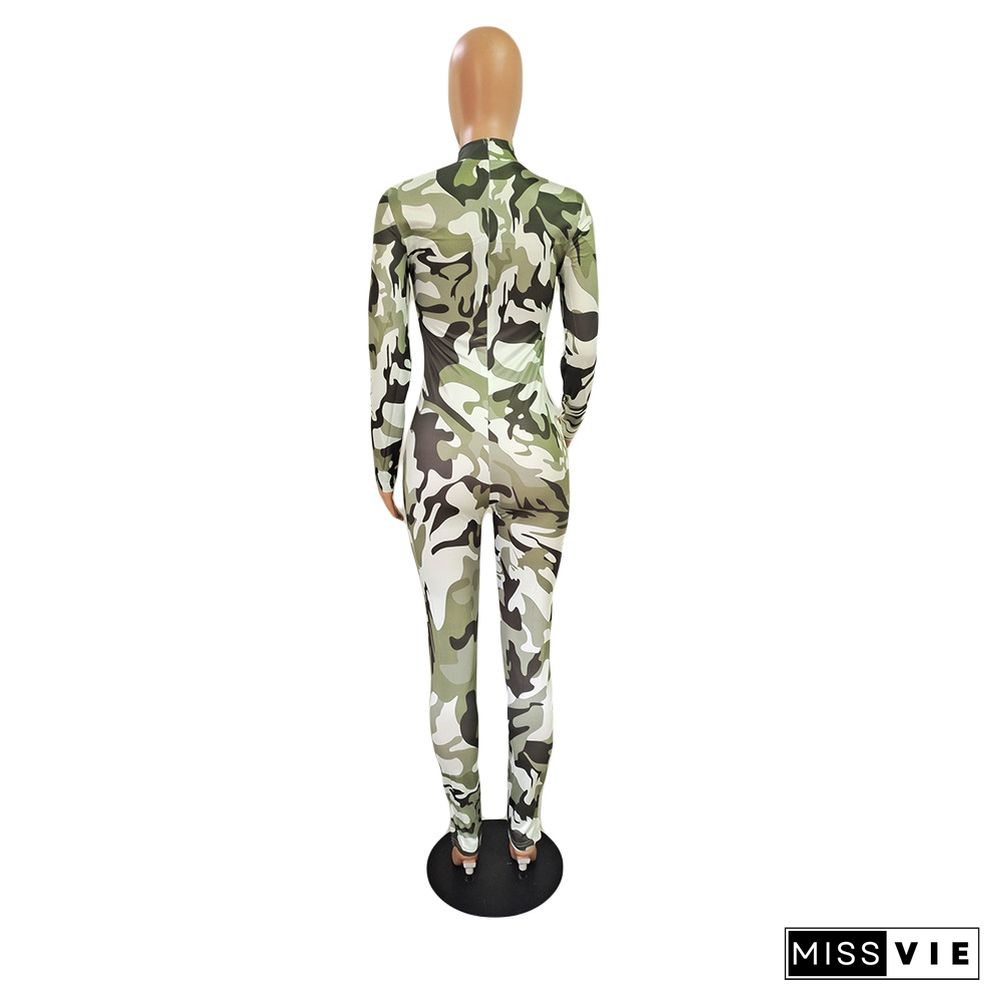 Fashionable Camouflage Print Hip Lift Slit Slim Jumpsuit