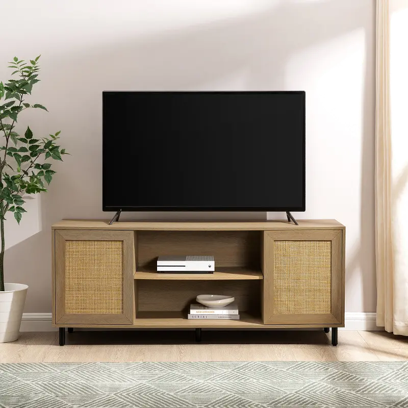 Jillian Coastal Oak Rattan-Door 58 TV Stand