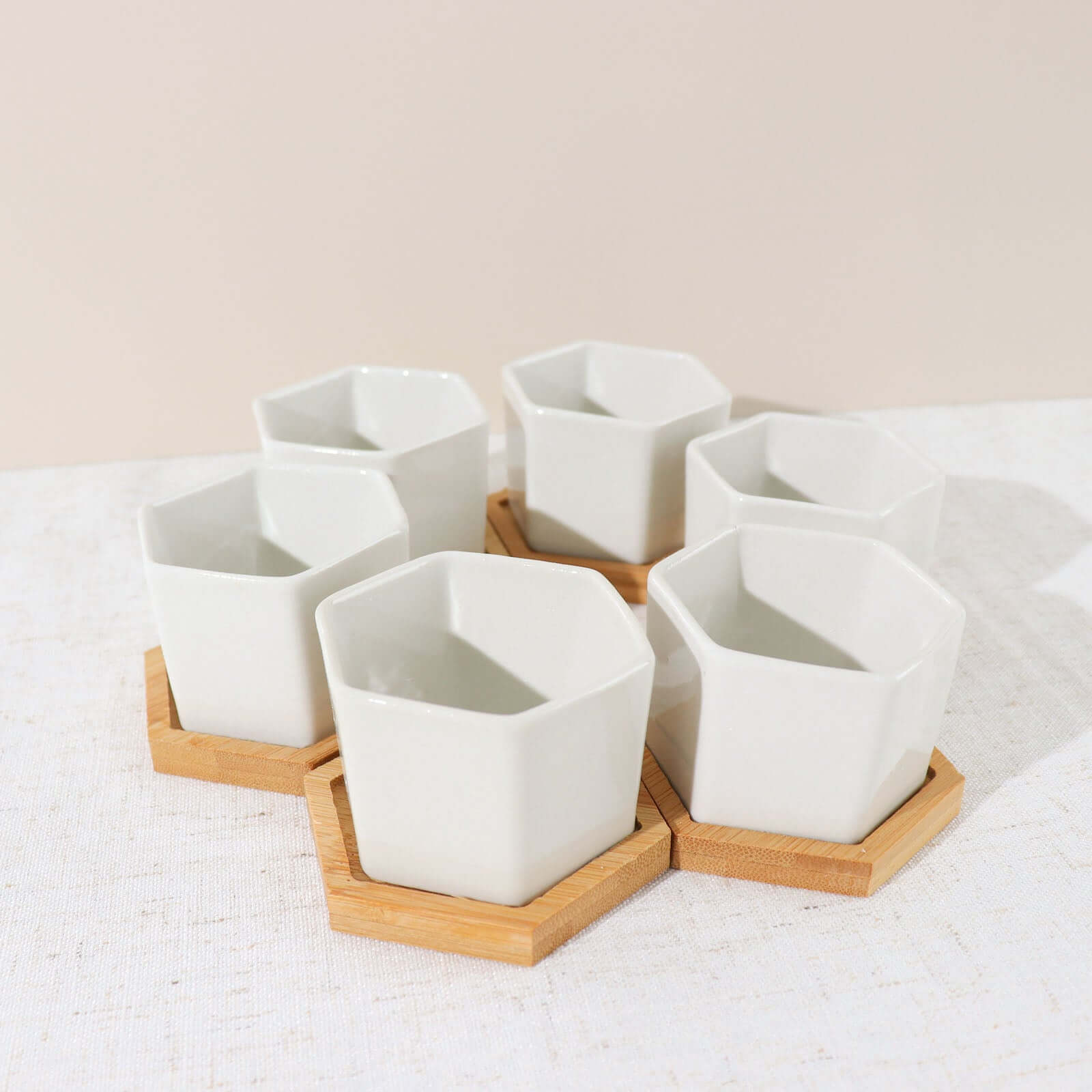 6 Pack White Geometric Hexagon Ceramic Planter Pots, Bamboo Tray Base w/ Drainage Hole, Cactus and Succulent Planters With Removable Bottom 3