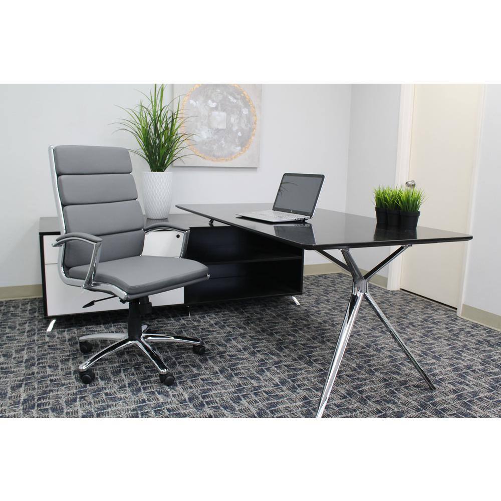 BOSS Office Products Gray Leather High Back Executive Chair Chrome Finish with Padded Arms B9471-GY