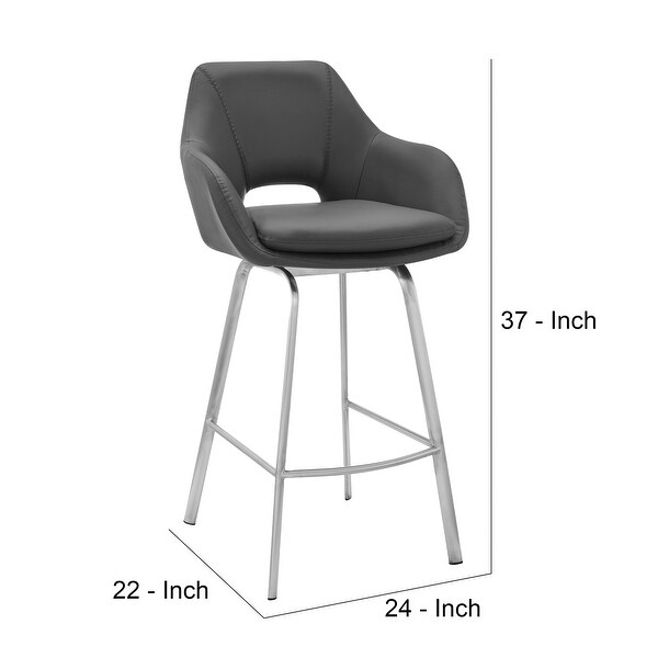 26 Inch Leatherette and Metal Swivel Counter Stool， Gray and Silver