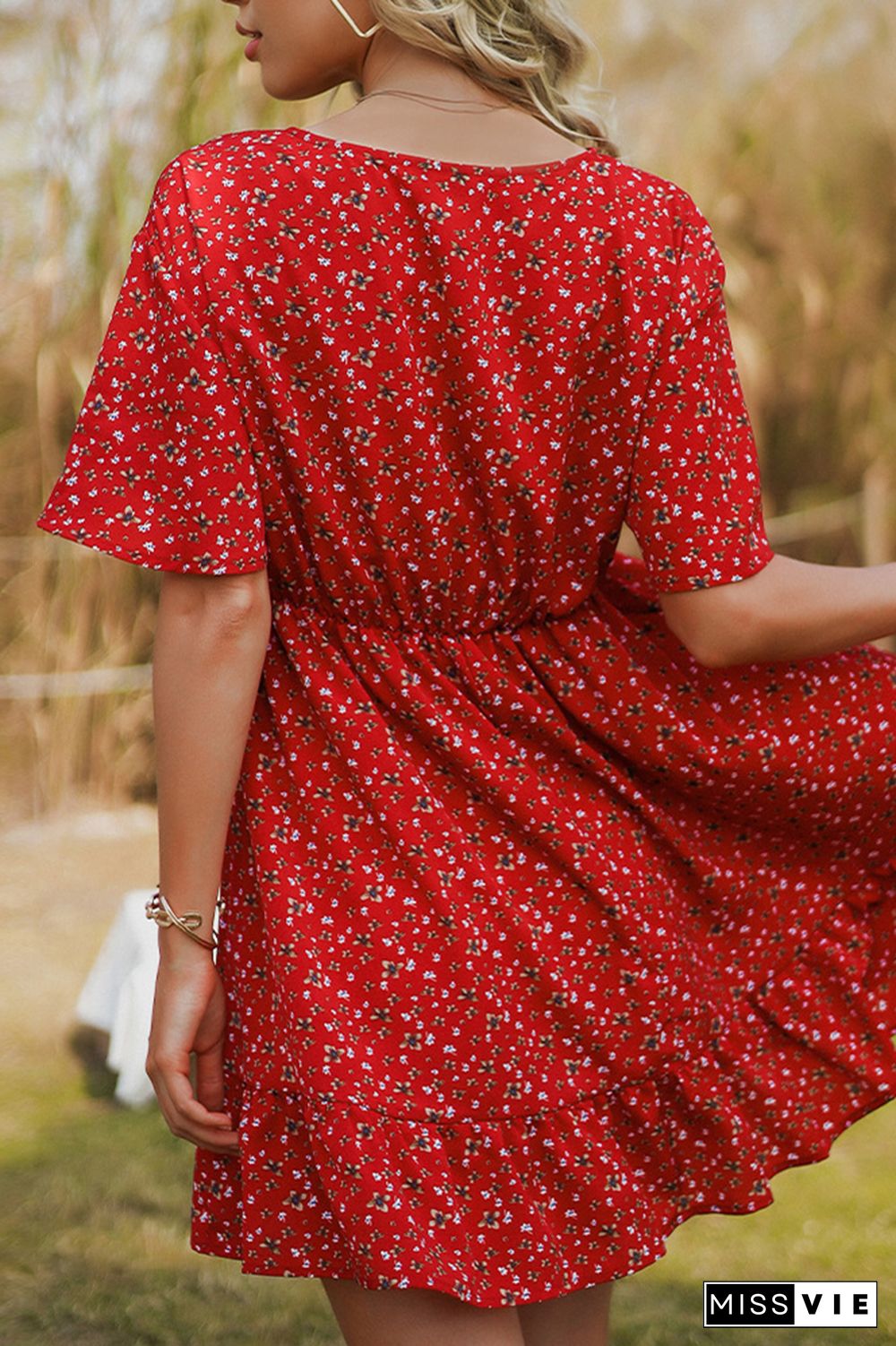 Red V Neck Wrap Floral Mini Dress