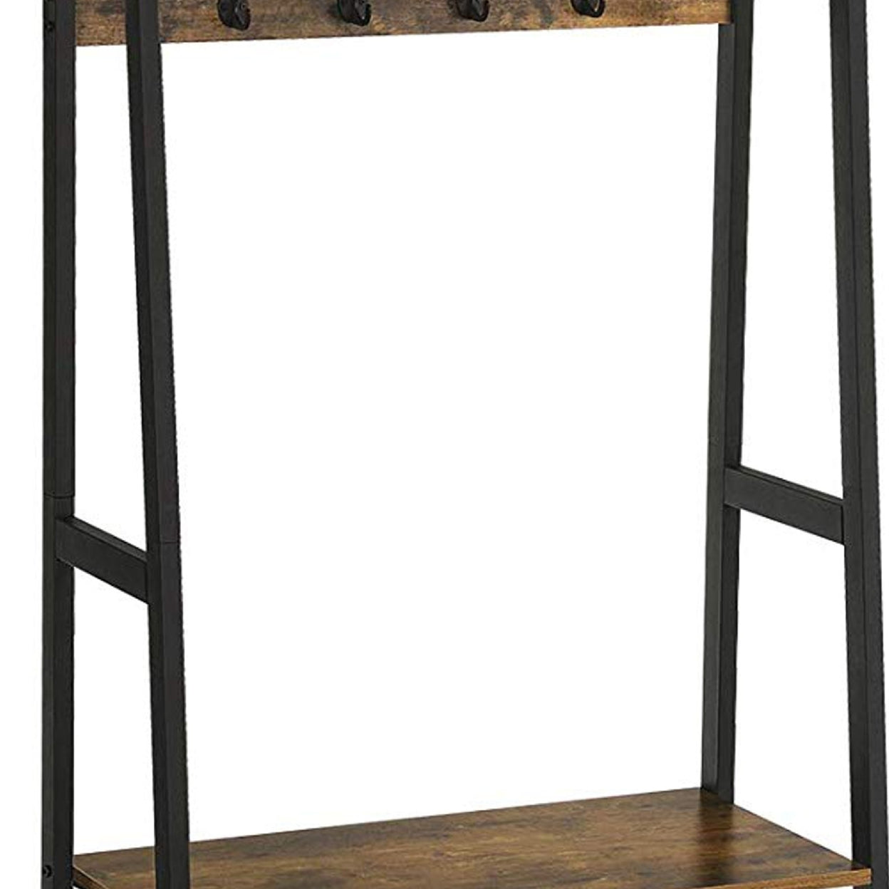 Iron Framed Coat Rack with Two Storage Shelves and Hanging Rail， Brown and Black- Saltoro Sherpi