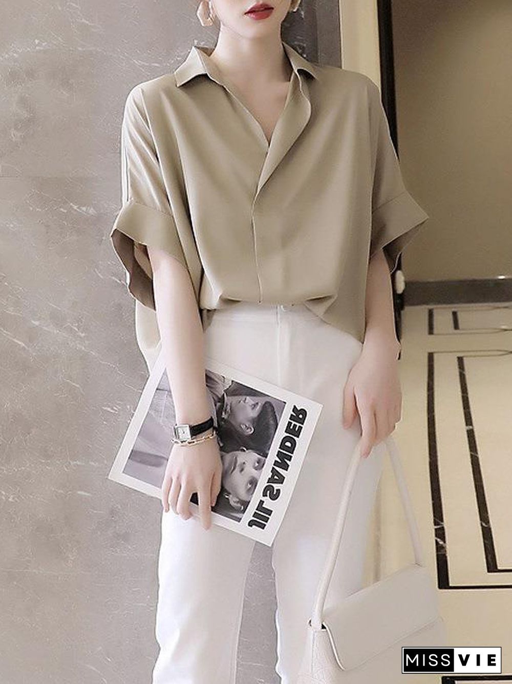 Simple Solid Color Batwing Sleeves Blouse