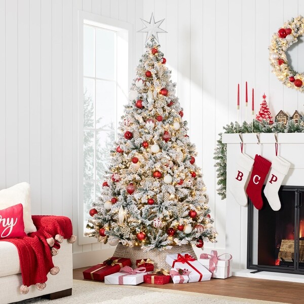 PreLit Artificial Christmas Tree，6ft Snow Flocked Design Pine Tree，Full Appearance Snowy w/Easy Assembly，Metal Stand