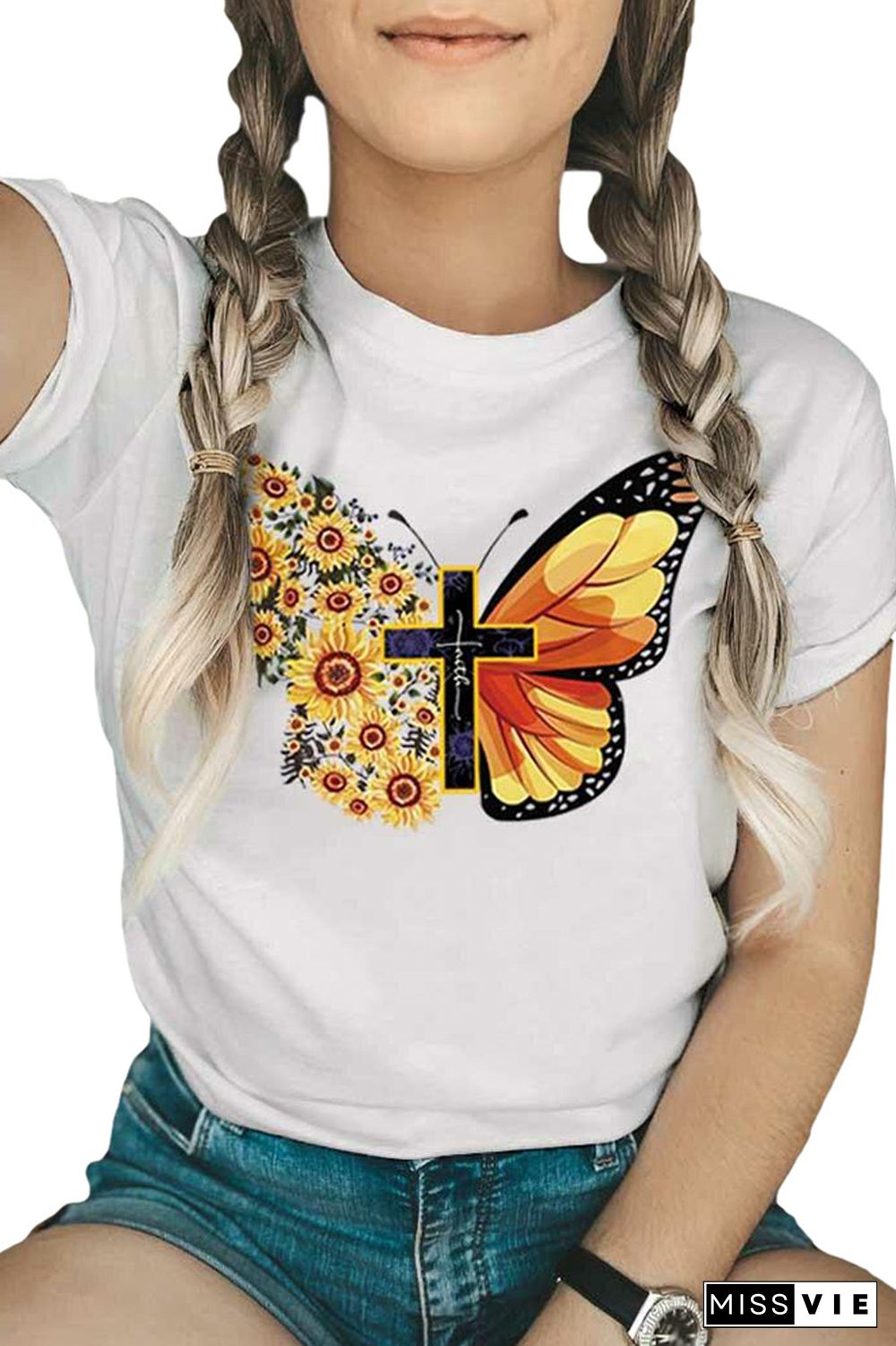 Butterfly Print Graphic Tees for Women Wholesale Short Sleeve T shirts Top