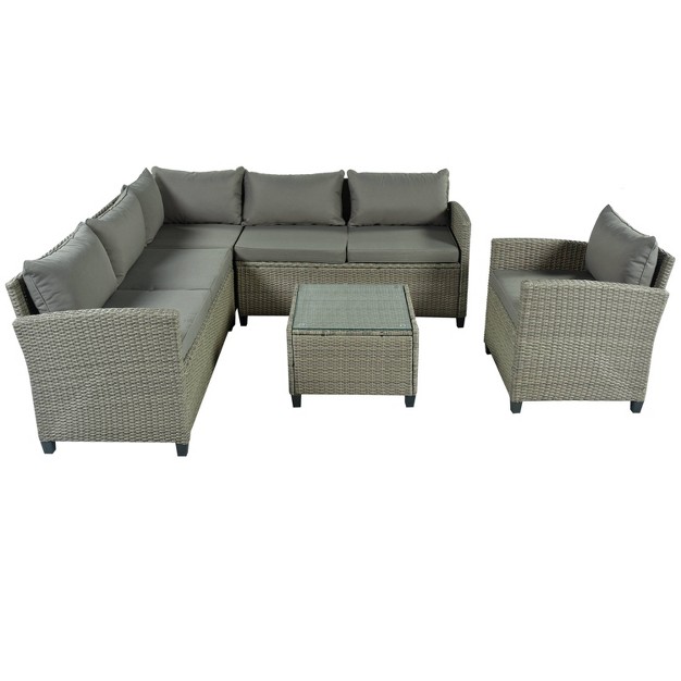 5pc Outdoor Wicker Conversation Set With Loveseats Sofa Arm Chair amp Coffee Table Gray Godeer