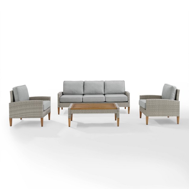 Capella Outdoor Wicker 4 Pc Sofa With Two Chairs And Coffee Table Set Gray acorn Crosley