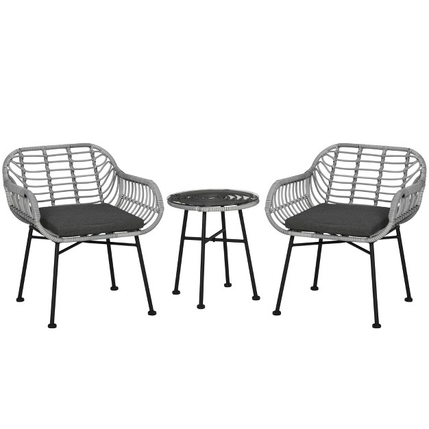 Outsunny 3 piece Patio Rattan Chair And Table Furniture Set Outdoor Bistro Set With Two Chairs And Coffee Table For Garden Or Backyard