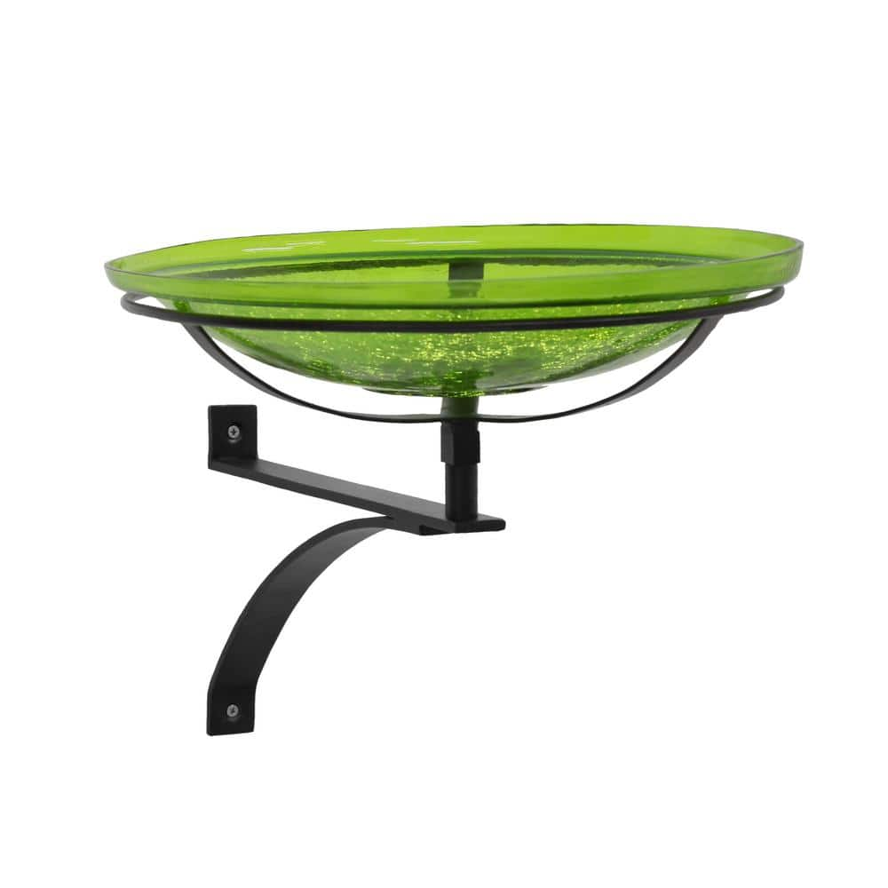 ACHLA DESIGNS 14 in. Dia Round Fern Green Crackle Glass Birdbath with Black Wrought Iron Wall Mount Bracket CGB-14FG-WM2