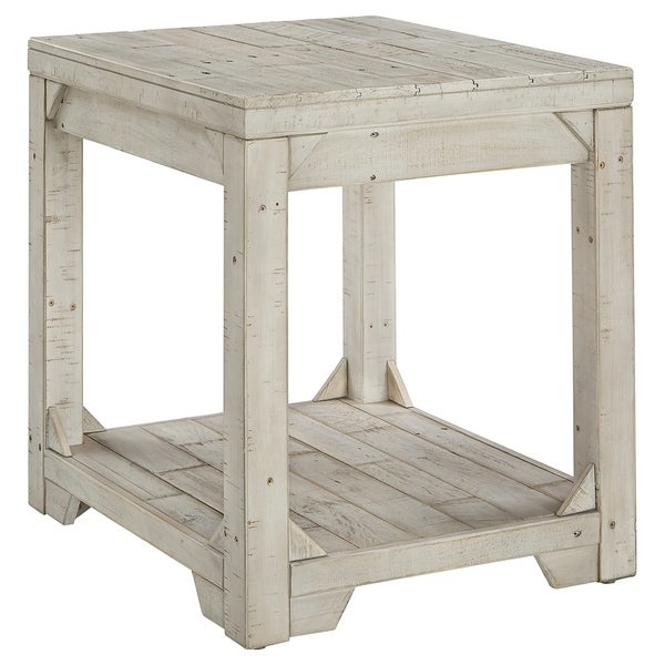 Farmhouse Style Wooden End Table with Plank Design Open Shelf， White