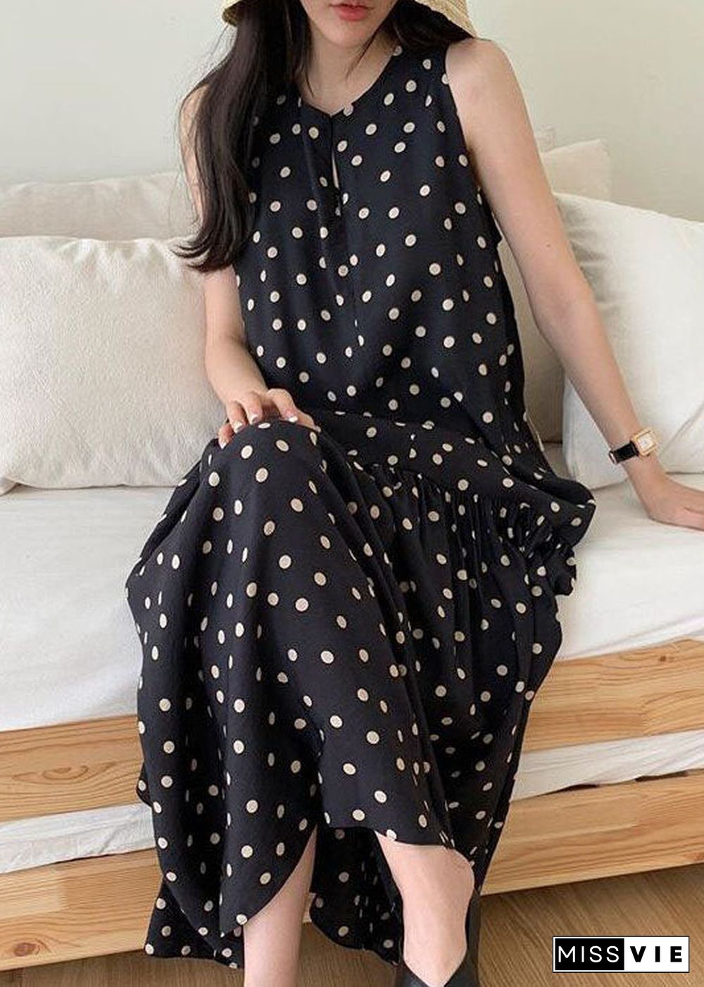 Black Dot Print Cotton Holiday Dresses O Neck Sleeveless