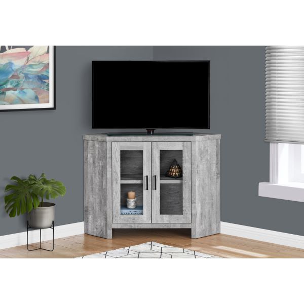 Tv Stand， 42 Inch， Console， Media Entertainment Center， Storage Cabinet， Living Room， Bedroom， Grey Laminate， Tempered Glass， Contemporary， Modern