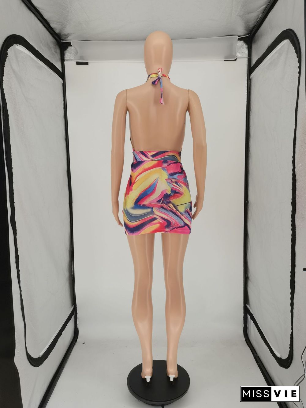 Tie Dye Print Backless Summer Sexy Hollow Out Halter Sleeveless Bodycon Club Party Mini Dress