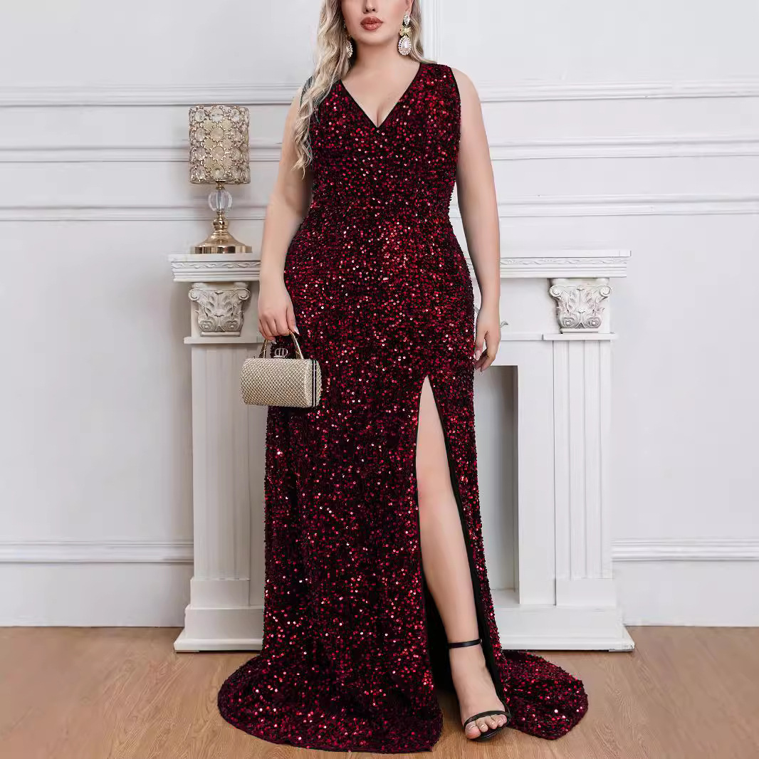 Sexy V-neck sequined floor-length evening dress elegant sleeveless slit banquet party dress