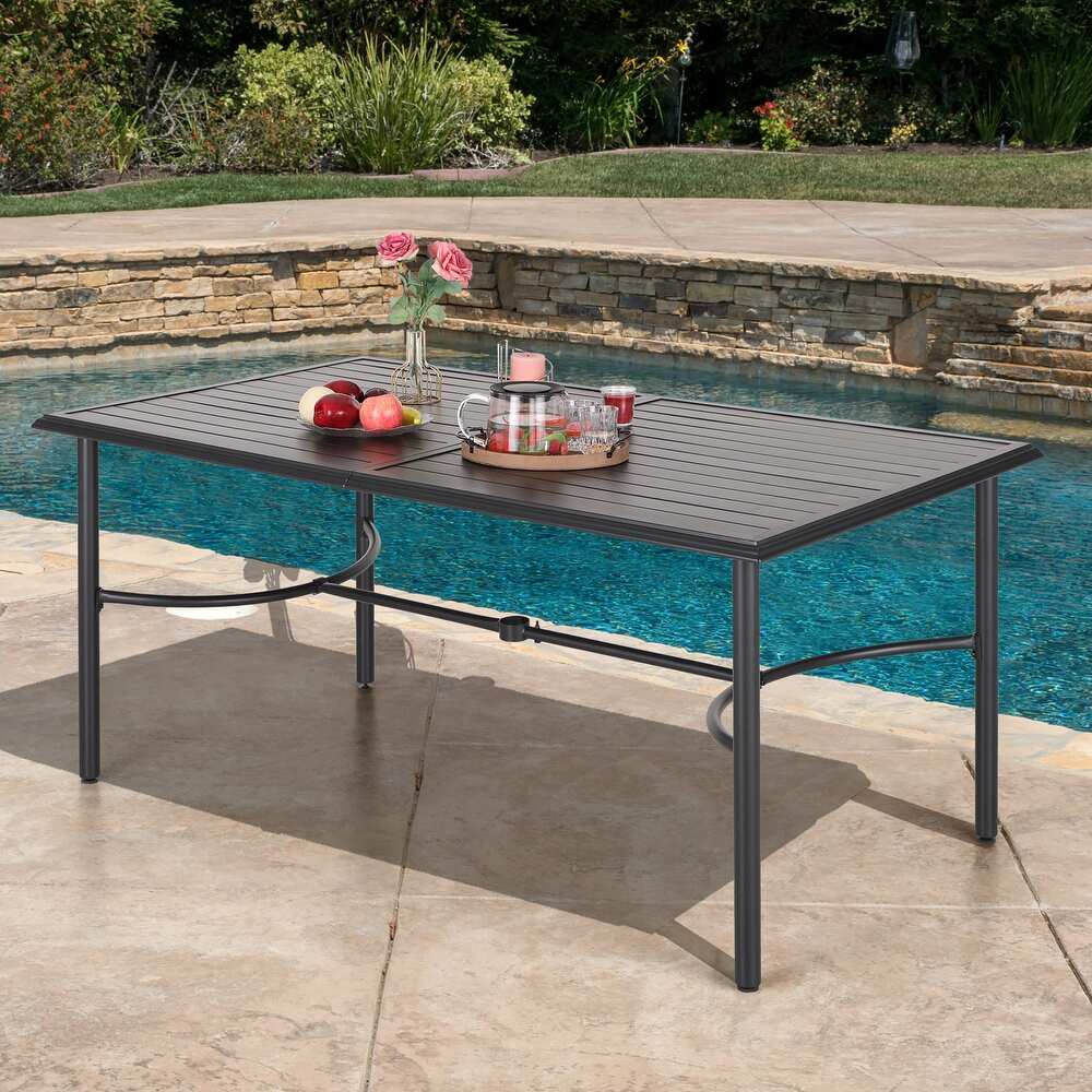 Rectangle Metal Patio Outdoor Dining Table with Umbrella Hole