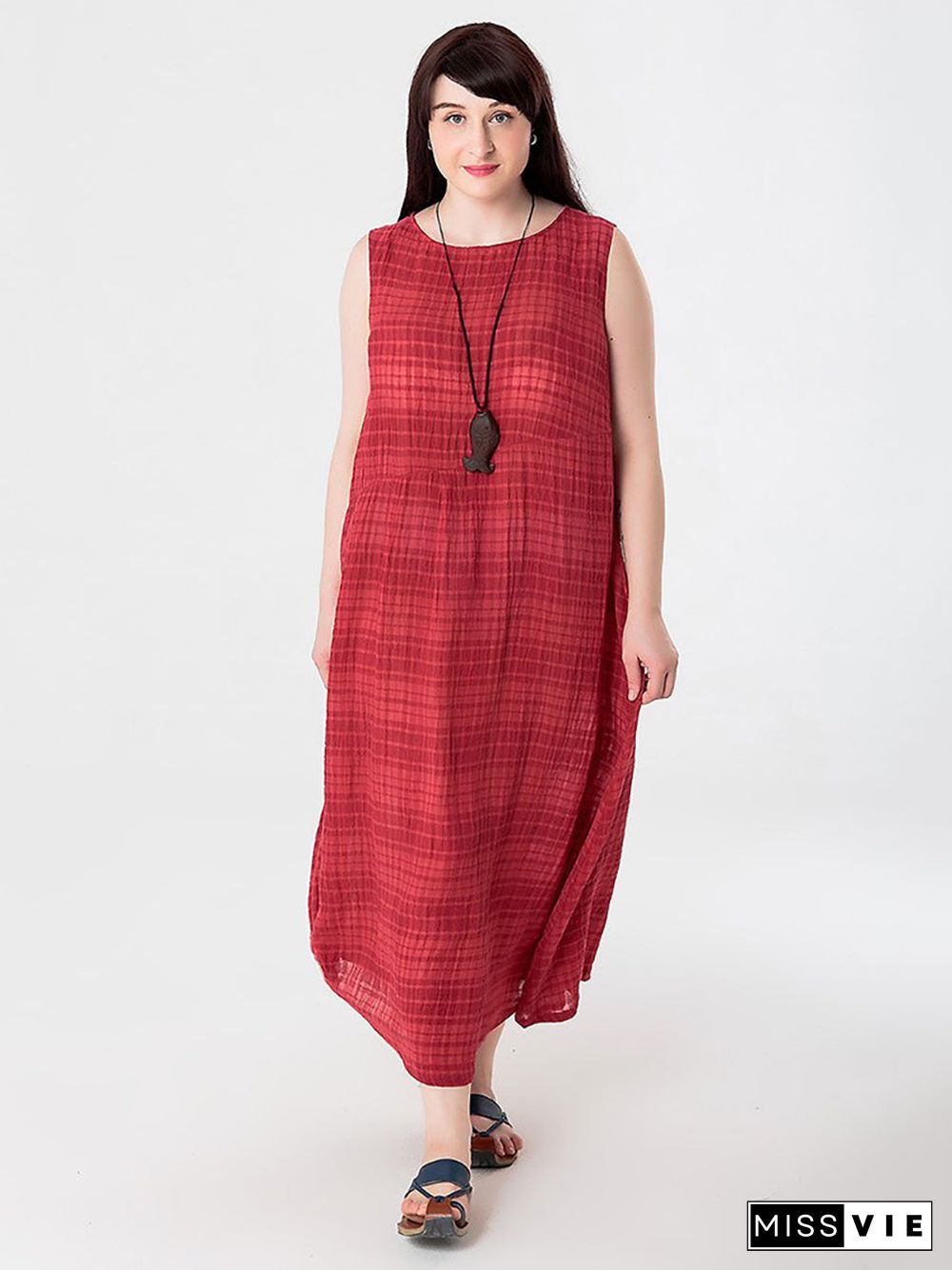 Plus Size Women Summer Plaid Cotton Linen Vest Dress