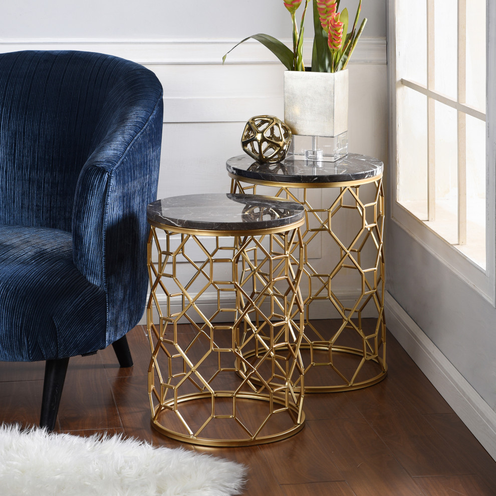 Round Marble Side Tables Light Brown Marble Top Gold  2 Piece Set   Contemporary   Coffee Table Sets   by Buildcom  Houzz