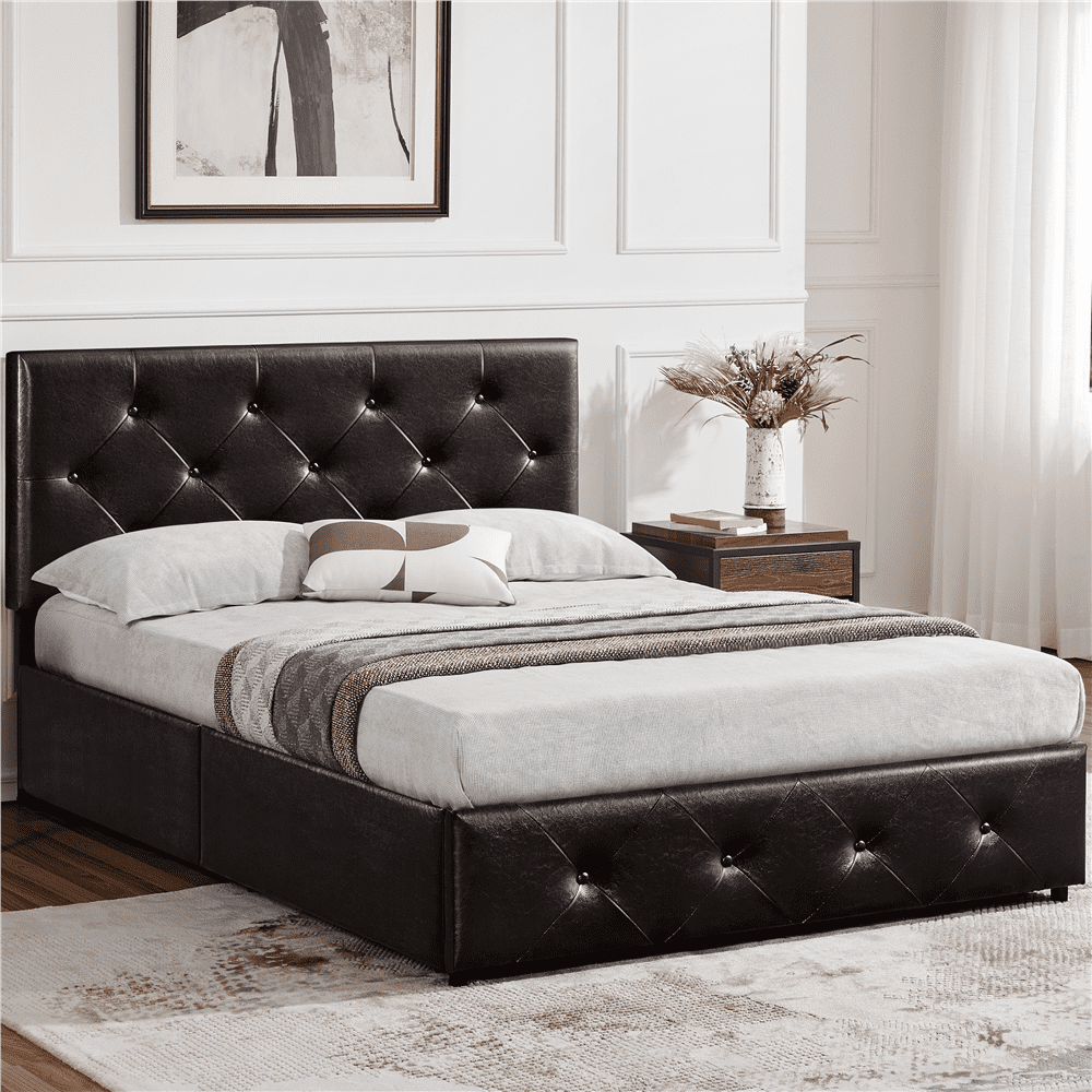 Easyfashion Upholstered Platform Bed with Storage, Brown, Full