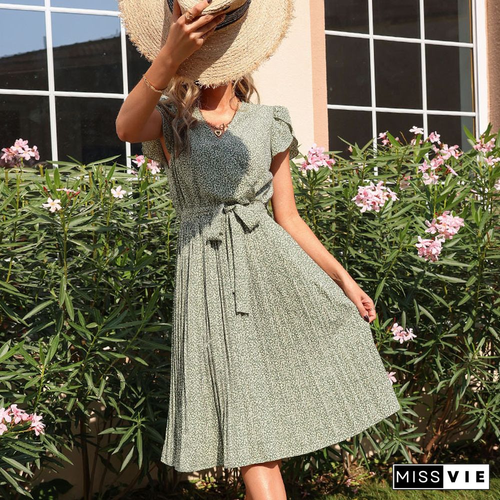 Elegant Floral Print Pleated Dress Women Summer Dress New Casual Green V-Neck Lace-up Short Ruffle Sleeve Midi A-line Dress