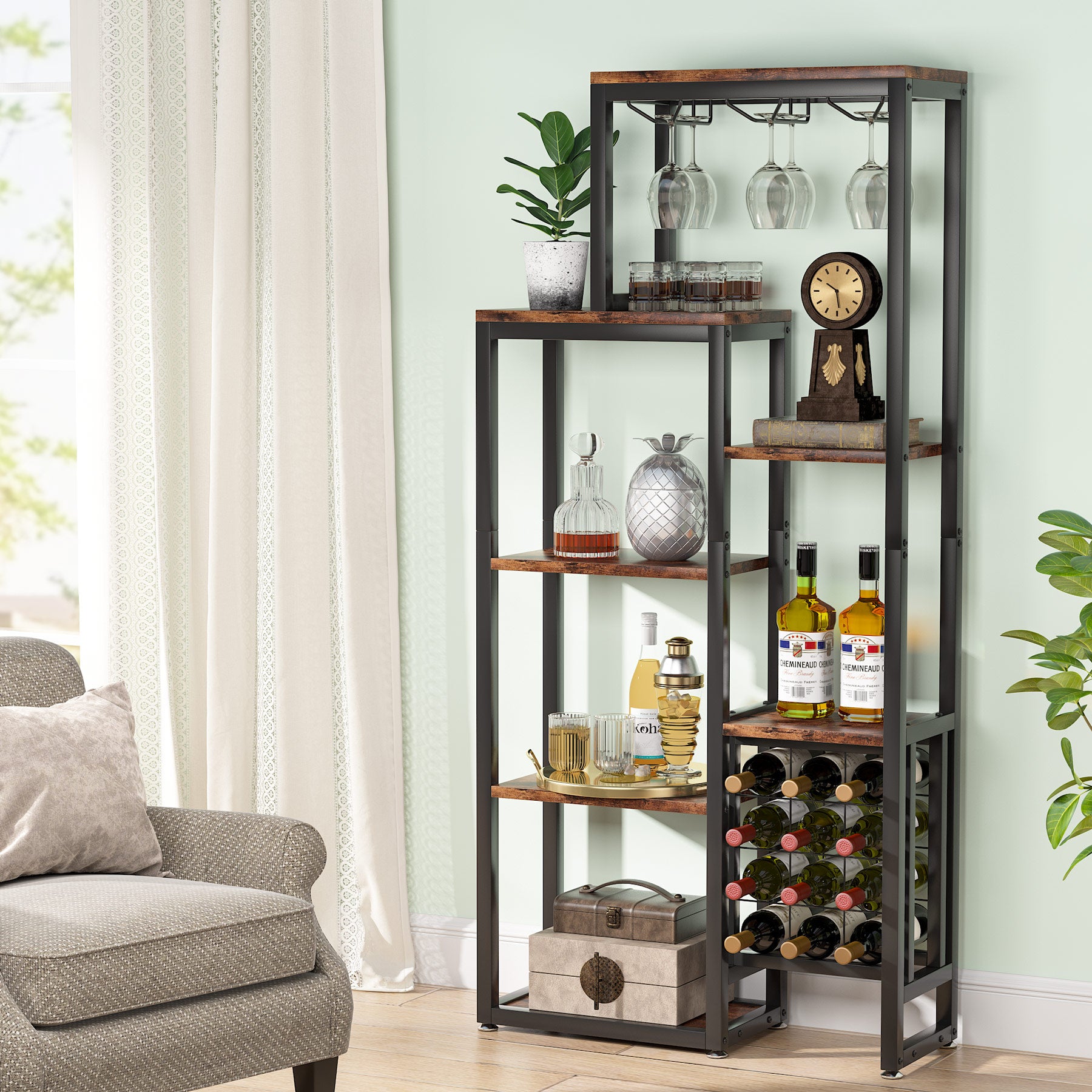 Industrial Wine Rack, 5-Tier Freestanding Wine Display Shelf