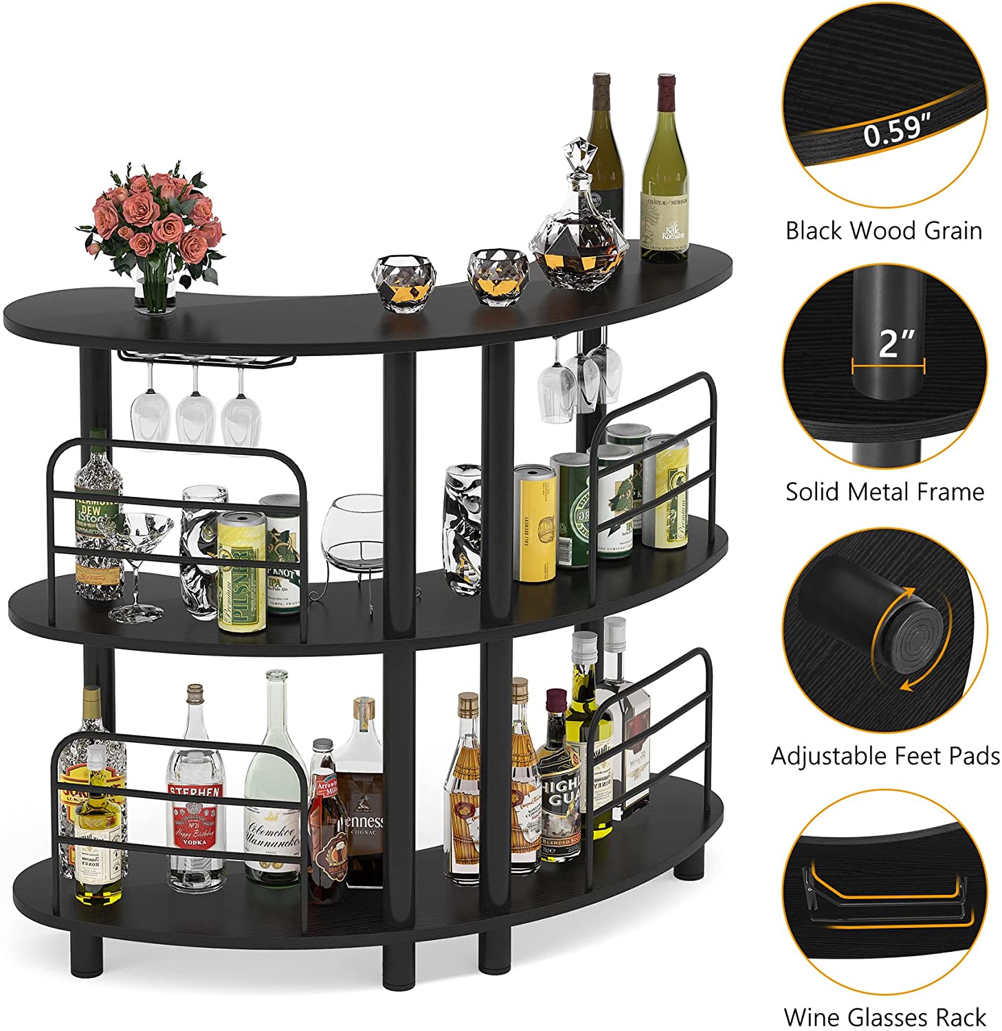 Tribesigns 3 Tier Liquor Bar Cabinet， Kitchen Wine Bar Storage with Shelves and Glasses Holder， Black