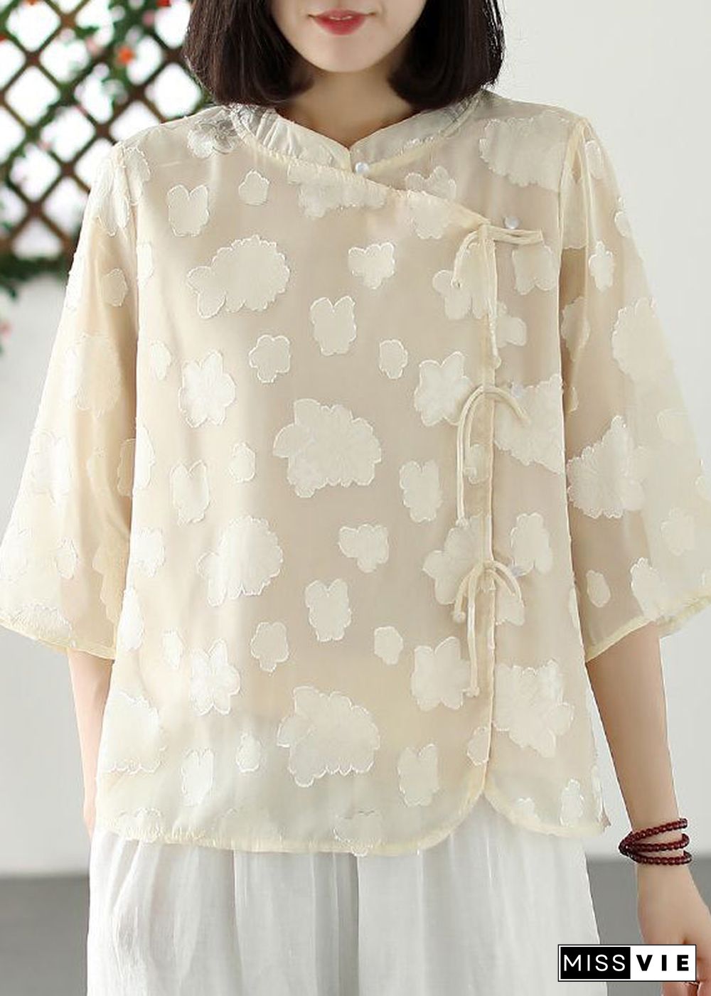 Boutique Khaki Stand Collar Jacquard Tulle Shirt Summer