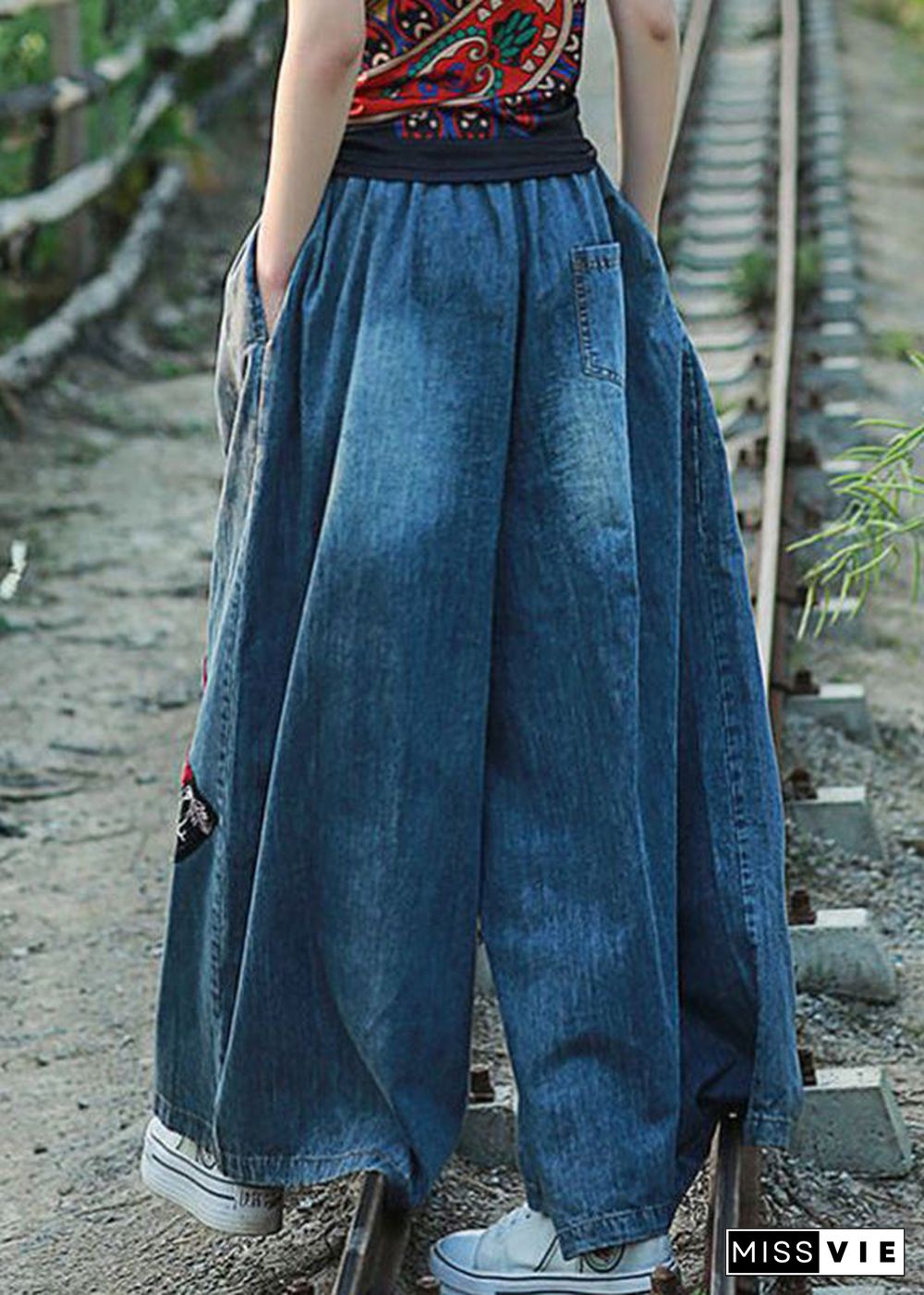 Bohemian Blue Embroideried Floral Pockets Elastic Waist Tie Waist Wide Leg Pants Summer