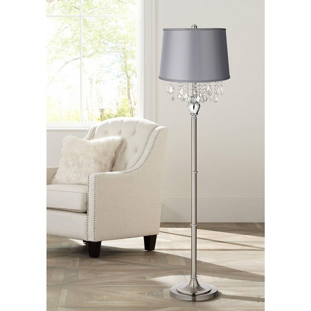 Tall Satin Steel Chrome Crystal Chandelier Light Gray Satin Drum Shade For Living Room Reading Bedroom