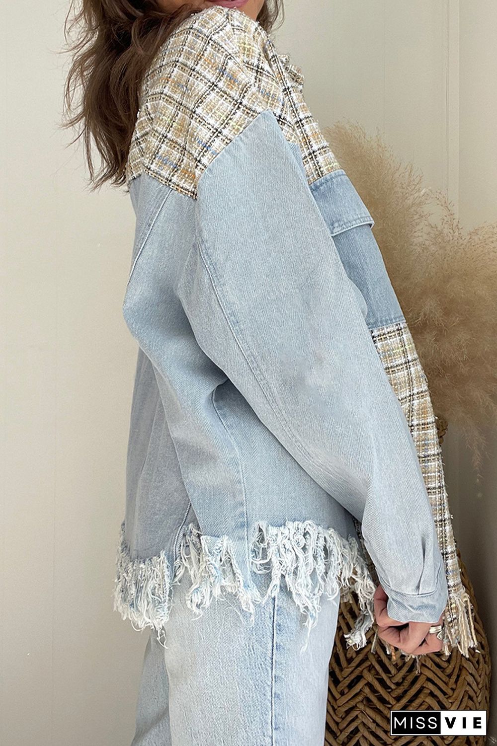 Lt Blue Ripped Denim Splicing Knit Plaid Pocketed Oversized Jackets