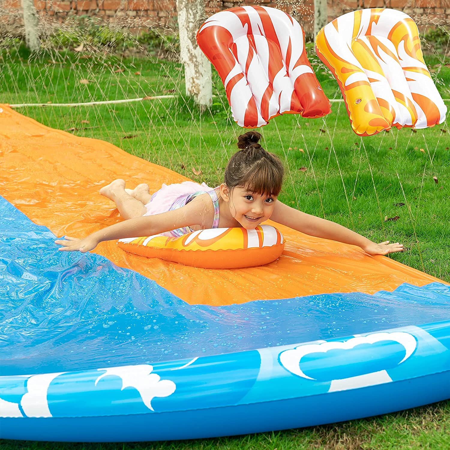 JOYIN 20ft Slip and Slide Water Slide with 2 Bodyboards， Slip n Slide Summer Toy with Build in Sprinkler for Backyard and Outdoor Water Toys Play 20ft x 62in