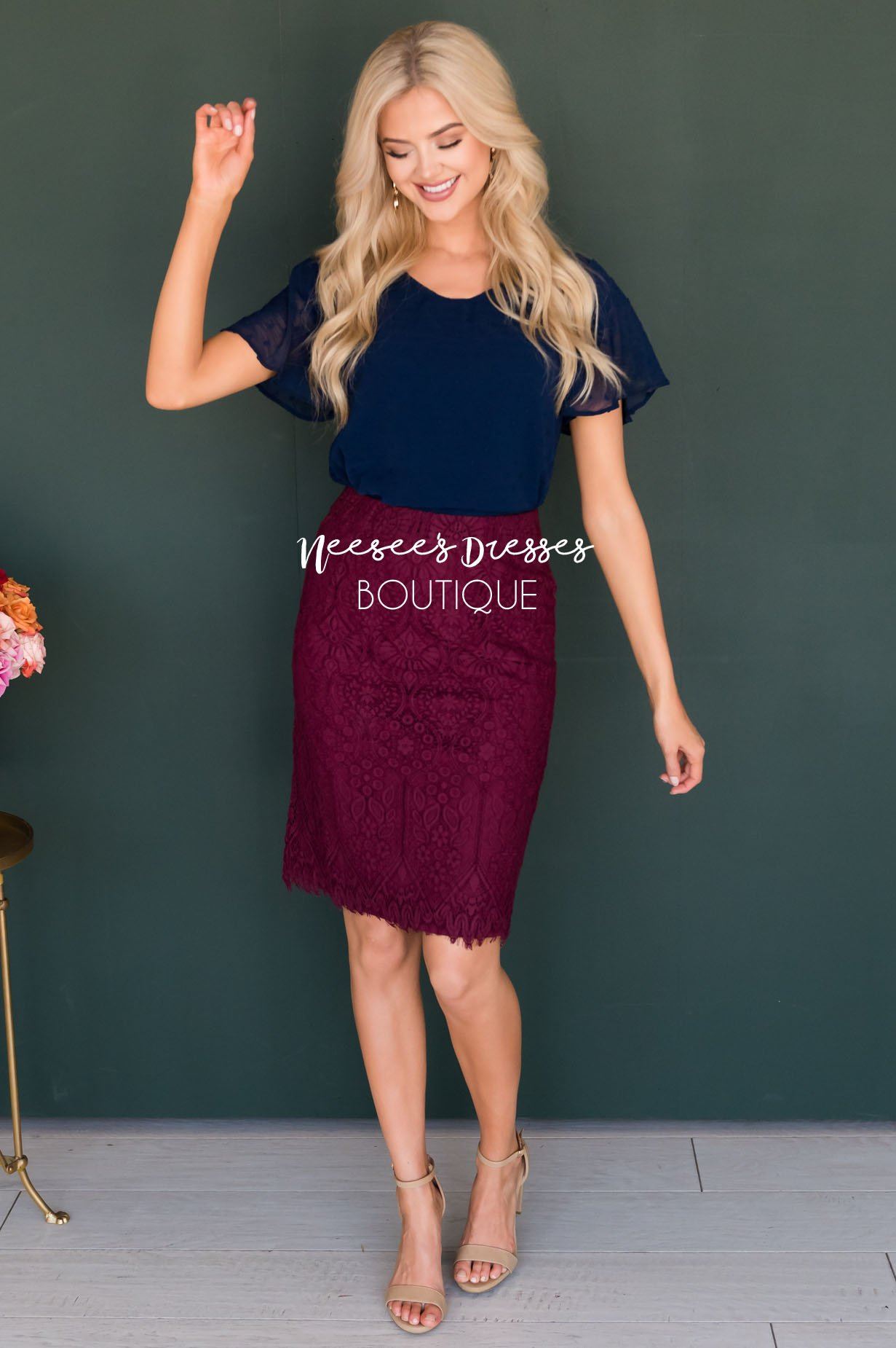 Lovely Wine Lace Pencil Skirt