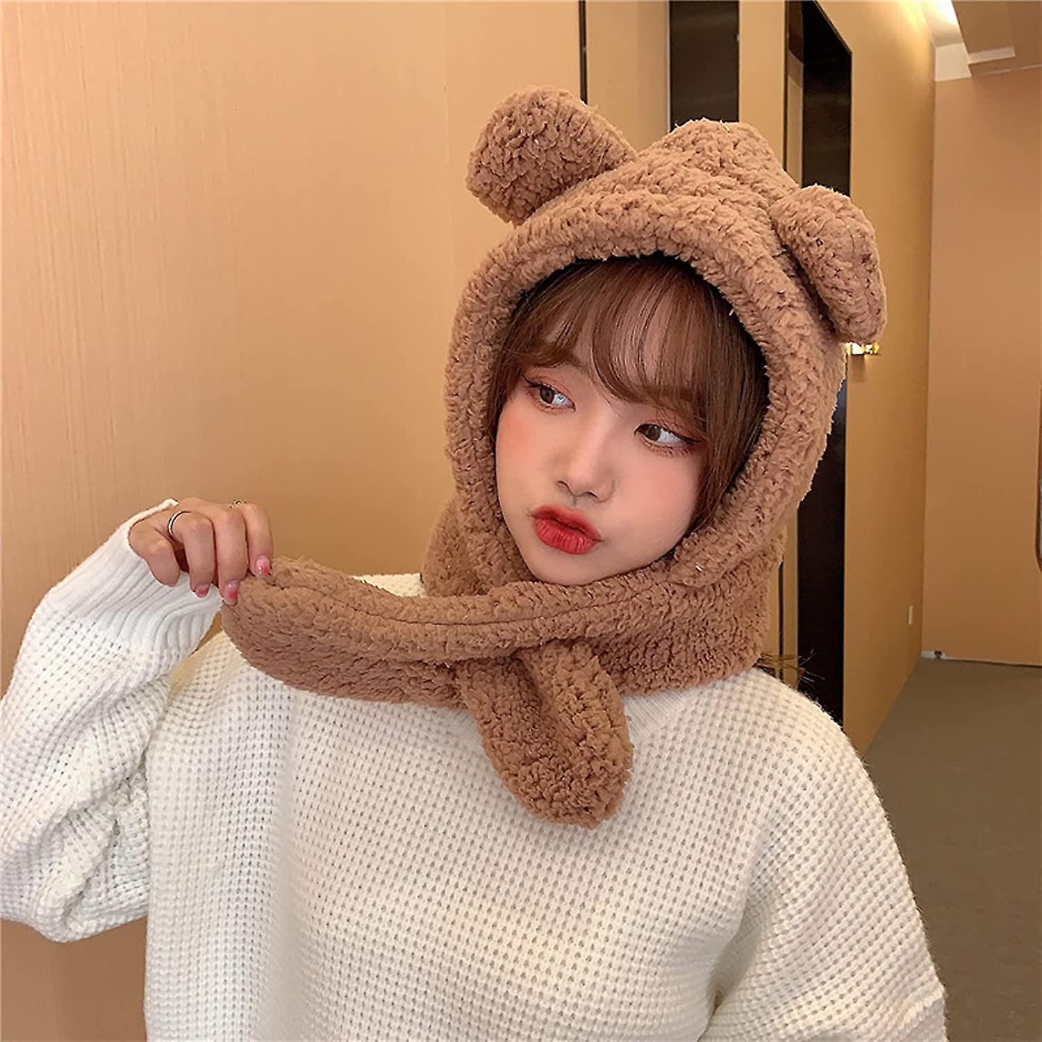 Winter Hats Bear Cap And Scarf 2 In 1 Cute Cartoon Thick Hat Protectors Warm Plush Hat Cap Women Girl Hat Brown One Size