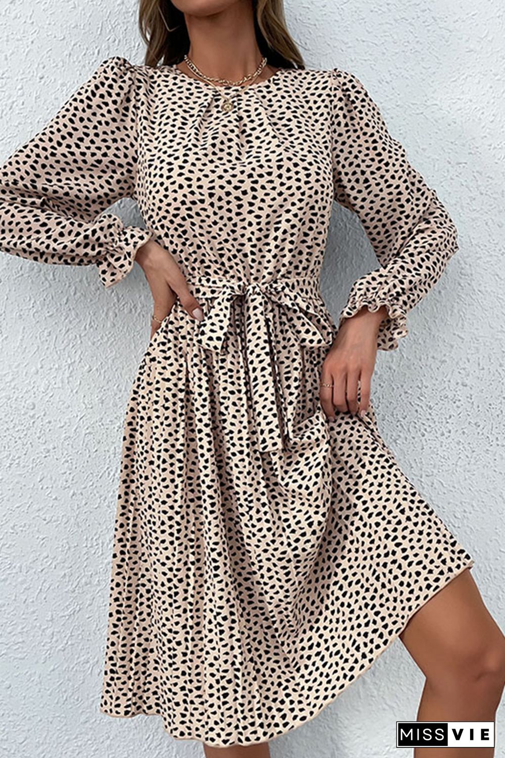 Apricot Leopard Print Pleated Ruffles Midi Dress