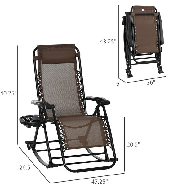 Outsunny Zero Gravity Reclining Lounge Chair Patio Folding Rocker w/ Side Tray Slot Backrest Pillow Cup Phone Holder Brown