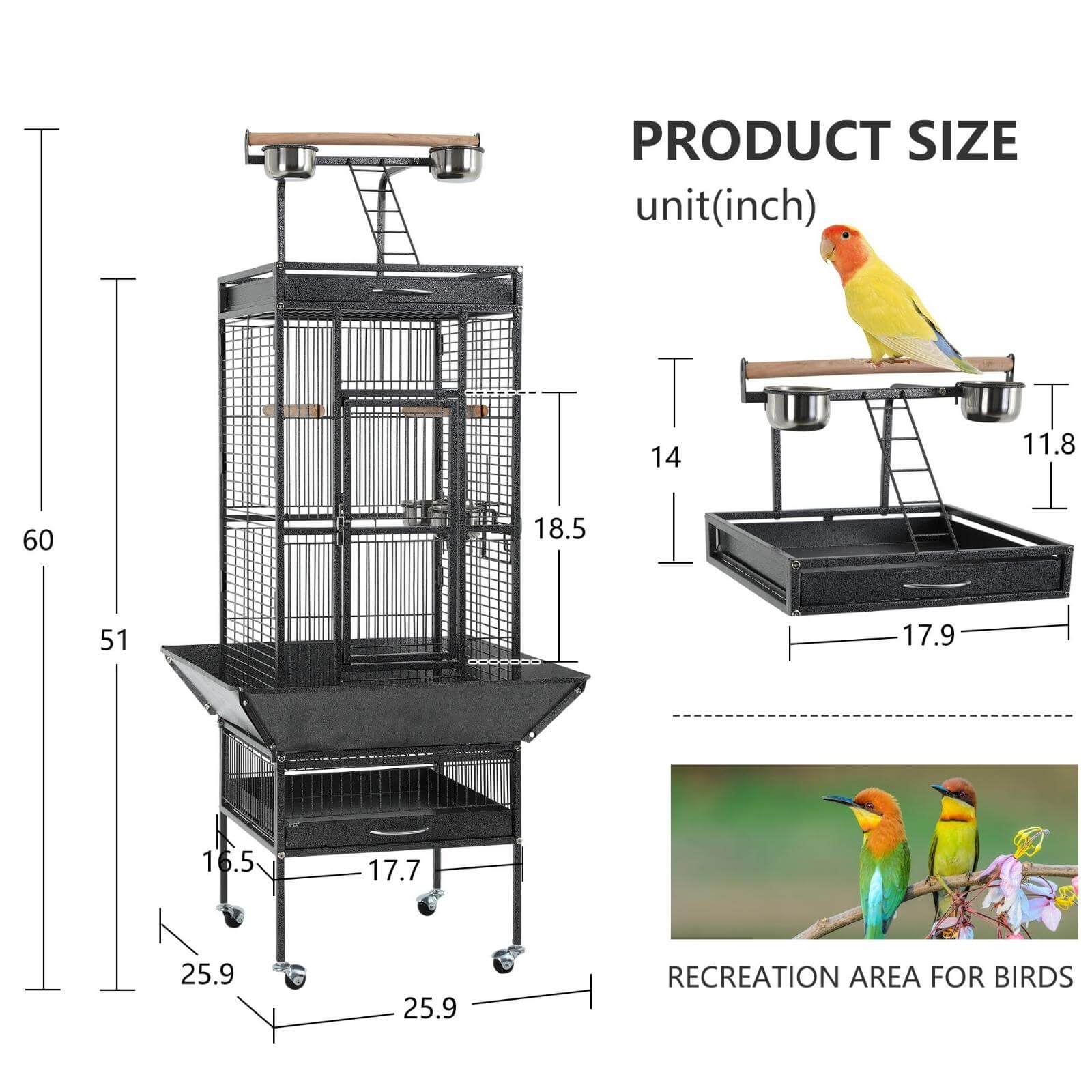 NiamVelo 61’’Large Iron Birdcage Wrought Parrot Cage with Play Top and Rolling Stand for Parakeets and Lovebirds，Black