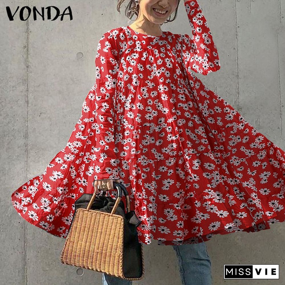 Cotton Long Sleeve Crew Neck Bohemian Floral Print T-Shirt Dress Loose Casual Autumn Baggy Blouse