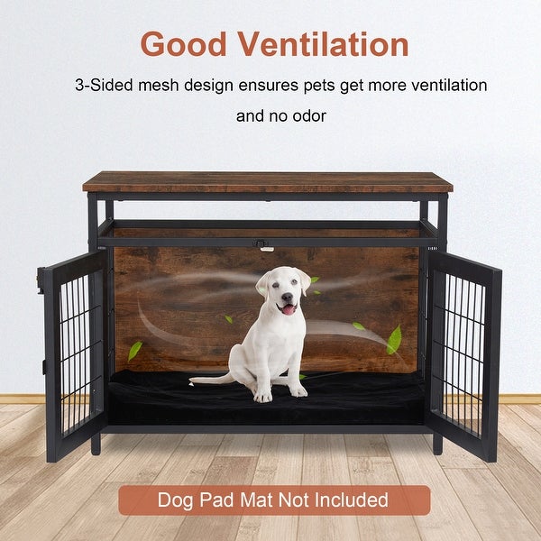 Dog Crate Furniture with Double Doors， Wooden Dog Crate， Indoor Dog Kennel w/ Metal Wire Mesh， Pet Crate End Table